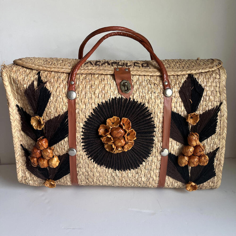 Vintage Acapulco Mexico Oversized Straw Bag, Brown Floral Design, 1970s Souvenir